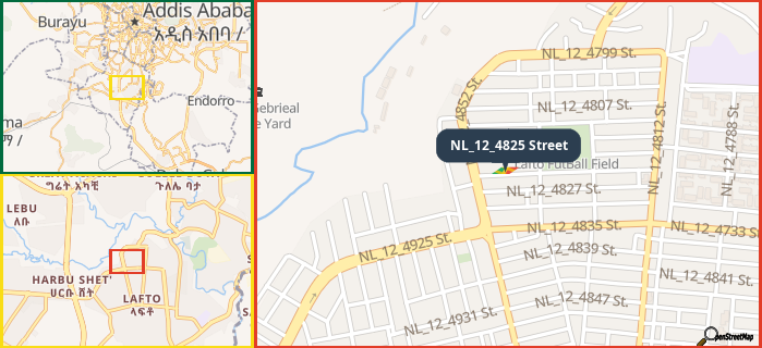 Map showing the address of NL_12_4825 Street in three different zoom levels.