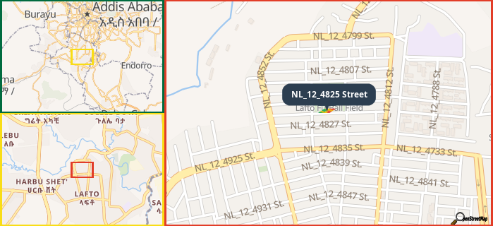 Map showing the address of NL_12_4825 Street in three different zoom levels.