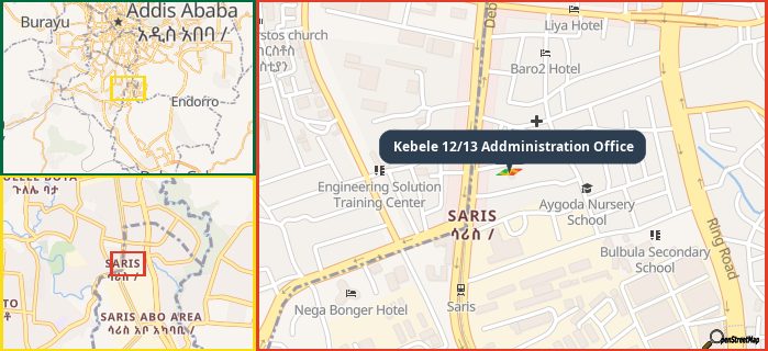 Map showing the address of Kebele 12/13 Addministration Office in three different zoom levels.