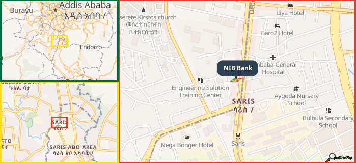 Map showing the address of NIB Bank in three different zoom levels.