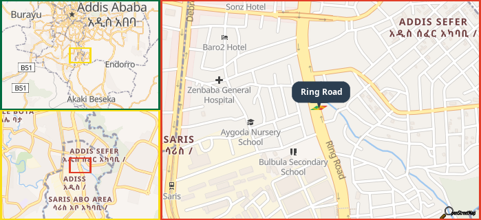 Map showing the address of Ring Road in three different zoom levels.