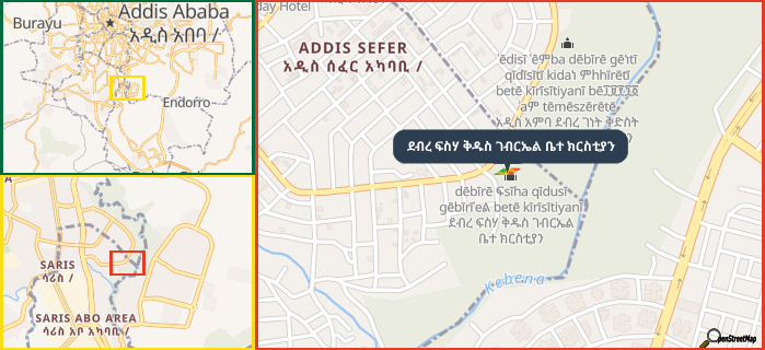 Map showing the address of ደብረ ፍስሃ ቅዱስ ገብርኤል ቤተ ክርስቲያን in three different zoom levels.