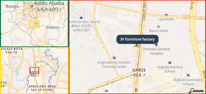 Map showing the address of 3F furniture factory in three different zoom levels.