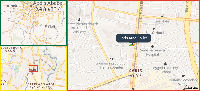 Map showing the address of Saris Area Police in three different zoom levels.