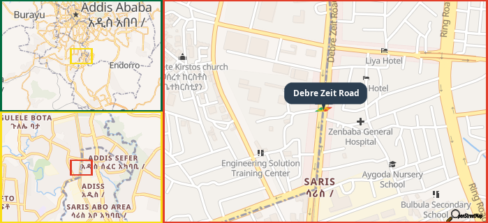 Map showing the address of Debre Zeit Road in three different zoom levels.