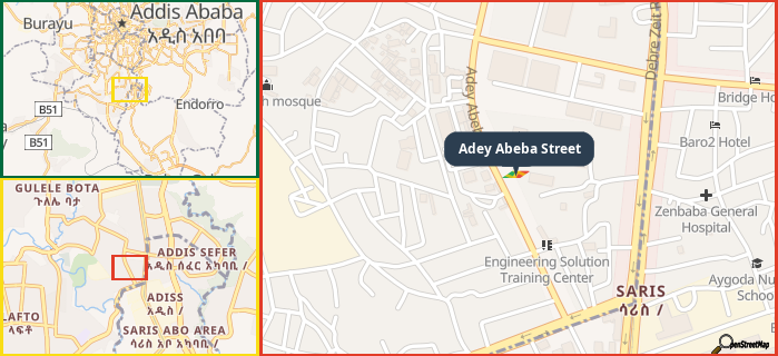 Map showing the address of Adey Abeba Street in three different zoom levels.