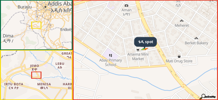 Map showing the address of ቴዲ spot in three different zoom levels.