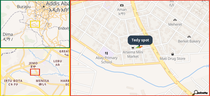 Map showing the address of Tedy spot in three different zoom levels.