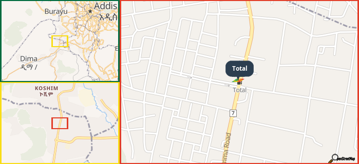 Map showing the address of Total in three different zoom levels.