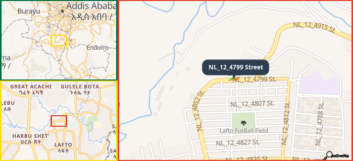 Map showing the address of NL_12_4799 Street in three different zoom levels.