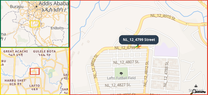 Map showing the address of NL_12_4799 Street in three different zoom levels.