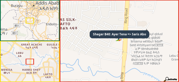 Map showing the address of Sheger B40: Ayer Tena => Saris Abo in three different zoom levels.