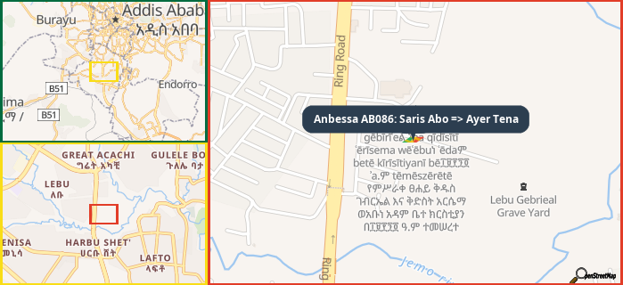 Map showing the address of Anbessa AB086: Saris Abo => Ayer Tena in three different zoom levels.