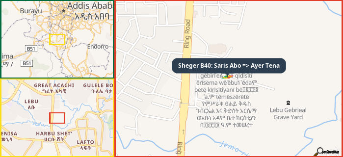 Map showing the address of Sheger B40: Saris Abo => Ayer Tena in three different zoom levels.