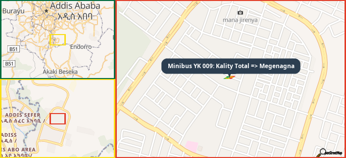 Map showing the address of Minibus YK 009: Kality Total => Megenagna in three different zoom levels.