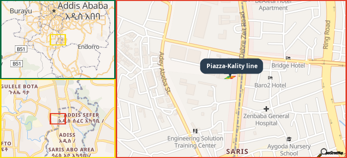 Map showing the address of Piazza-Kality line in three different zoom levels.