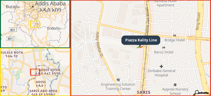 Map showing the address of Piazza Kality Line in three different zoom levels.