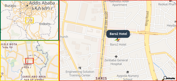 Map showing the address of Baro2 Hotel in three different zoom levels.