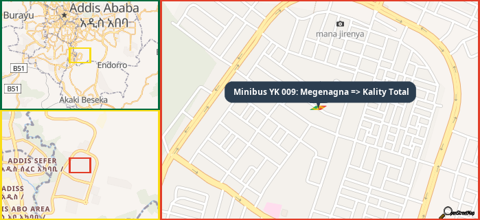 Map showing the address of Minibus YK 009: Megenagna => Kality Total in three different zoom levels.