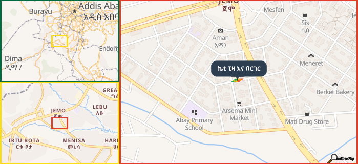 Map showing the address of ኬቲ ፒዛ እና በርገር in three different zoom levels.