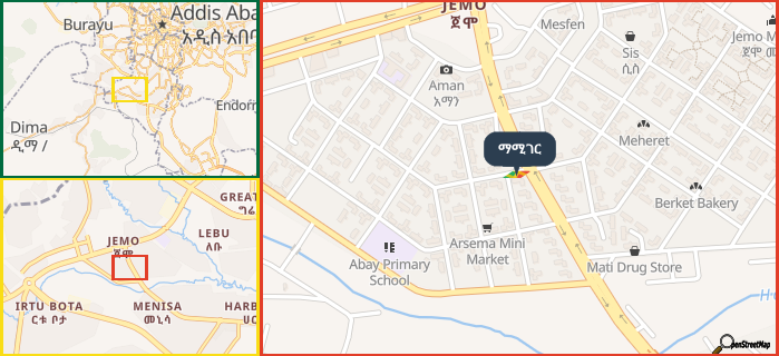 Map showing the address of ማሚገር in three different zoom levels.