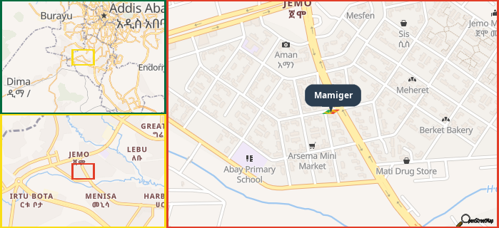 Map showing the address of Mamiger in three different zoom levels.