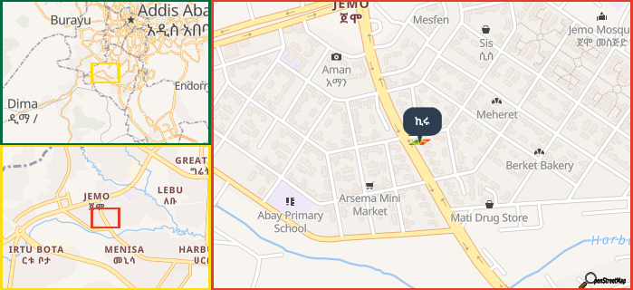 Map showing the address of ኪሩ in three different zoom levels.