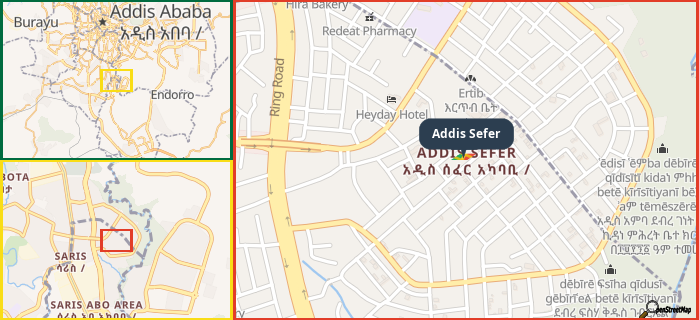 Map showing the address of Addis Sefer in three different zoom levels.