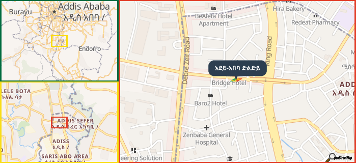 Map showing the address of አደይ-አበባ ድልድይ in three different zoom levels.