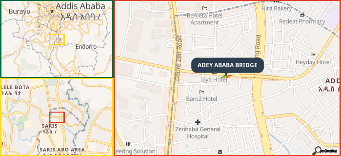 Map showing the address of ADEY ABABA BRIDGE in three different zoom levels.