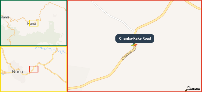 Map showing the address of Chanka-Kake Road in three different zoom levels.