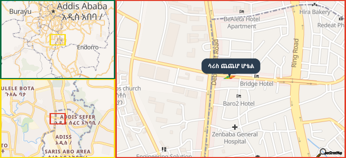 Map showing the address of ሳሪስ ጨጨሆ ሆቴል in three different zoom levels.