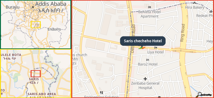 Map showing the address of Saris checheho Hotel in three different zoom levels.