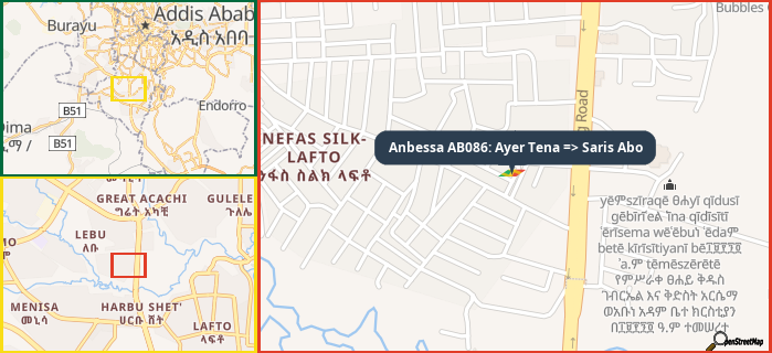 Map showing the address of Anbessa AB086: Ayer Tena => Saris Abo in three different zoom levels.