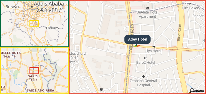 Map showing the address of Adey Hotel in three different zoom levels.