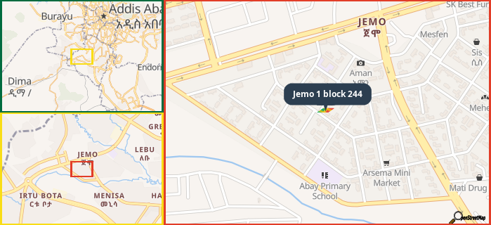 Map showing the address of Jemo 1 block 244 in three different zoom levels.