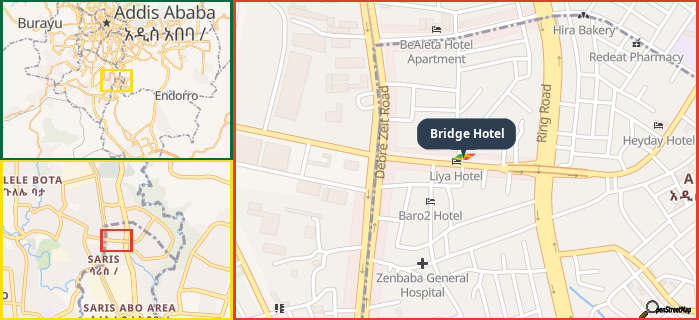 Map showing the address of Bridge Hotel in three different zoom levels.