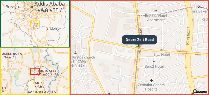Map showing the address of Debre Zeit Road in three different zoom levels.