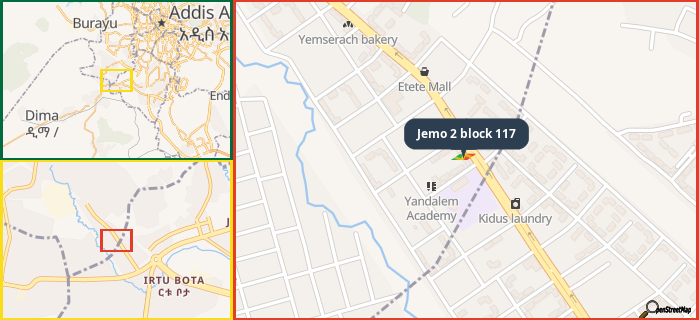 Map showing the address of Jemo 2 block 117 in three different zoom levels.