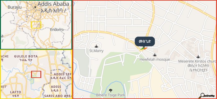 Map showing the address of መስጊድ in three different zoom levels.
