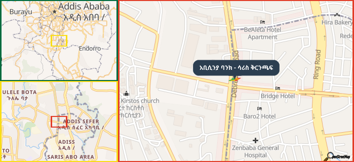 Map showing the address of አቢሲንያ ባንክ - ሳሪስ ቅርንጫፍ in three different zoom levels.