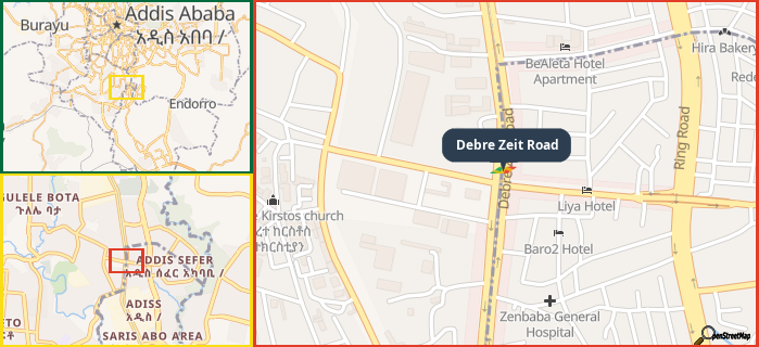 Map showing the address of Debre Zeit Road in three different zoom levels.