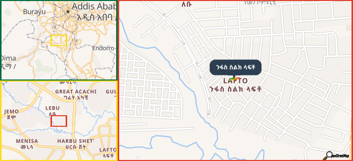 Map showing the address of ንፋስ ስልክ ላፍቶ in three different zoom levels.