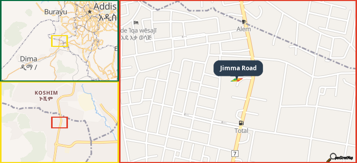 Map showing the address of Jimma Road in three different zoom levels.