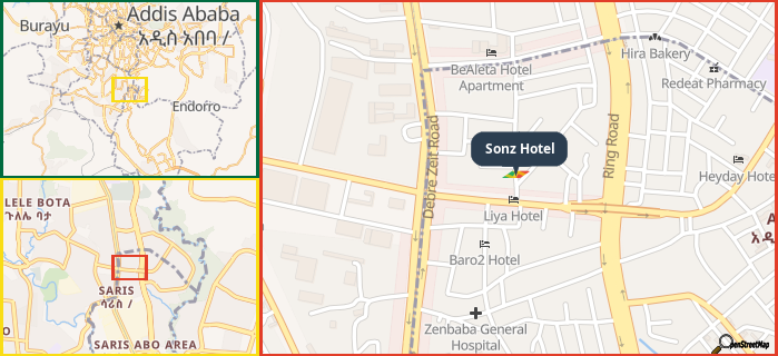 Map showing the address of Sonz Hotel in three different zoom levels.