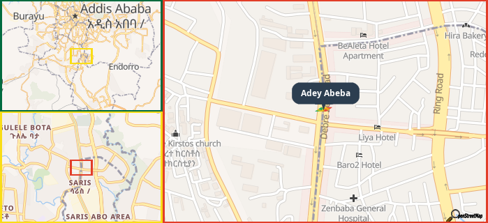 Map showing the address of Adey Abeba in three different zoom levels.