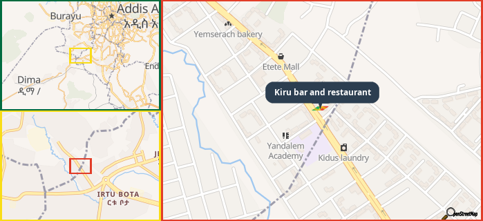 Map showing the address of Kiru bar and restaurant in three different zoom levels.