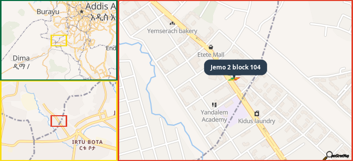 Map showing the address of Jemo 2 block 104 in three different zoom levels.