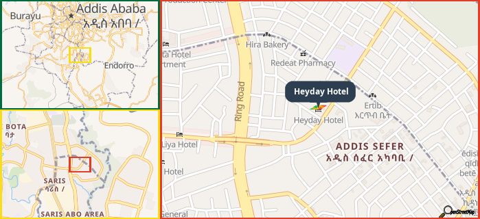 Map showing the address of Heyday Hotel in three different zoom levels.