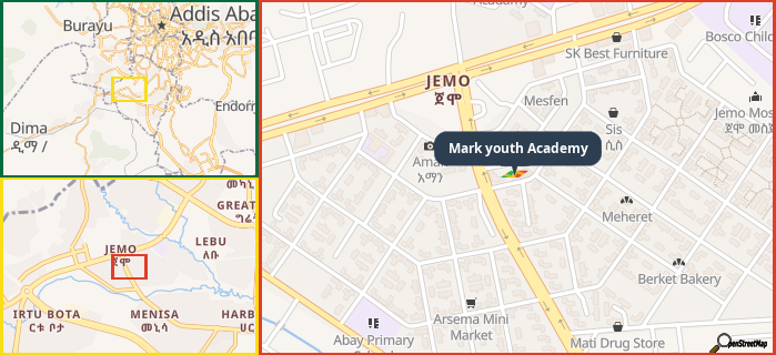 Map showing the address of Mark youth Academy in three different zoom levels.